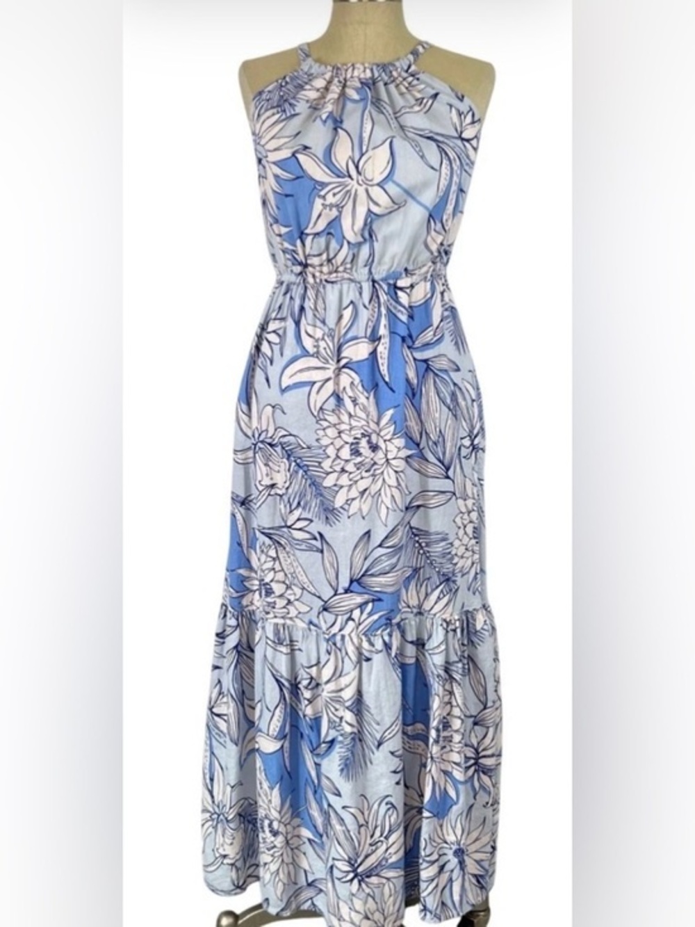 H by Halston Blue Floral Halter Maxi Dress Size Small